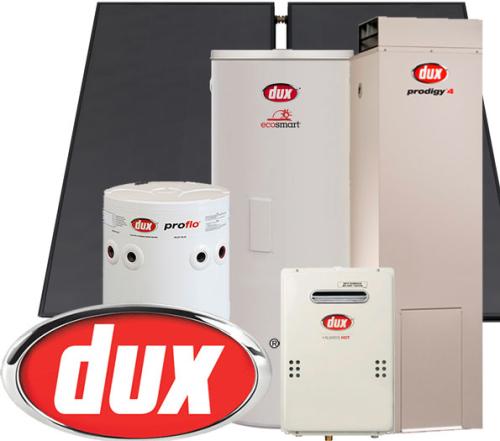 Dux solar, tankless, gas and electric hot water systems with logo